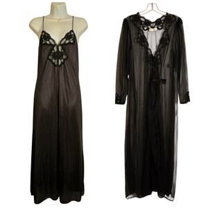 Vintage Val Mode Peignoir Set Black Lace Nylon Maxi Slip Dress Nightgown Robe